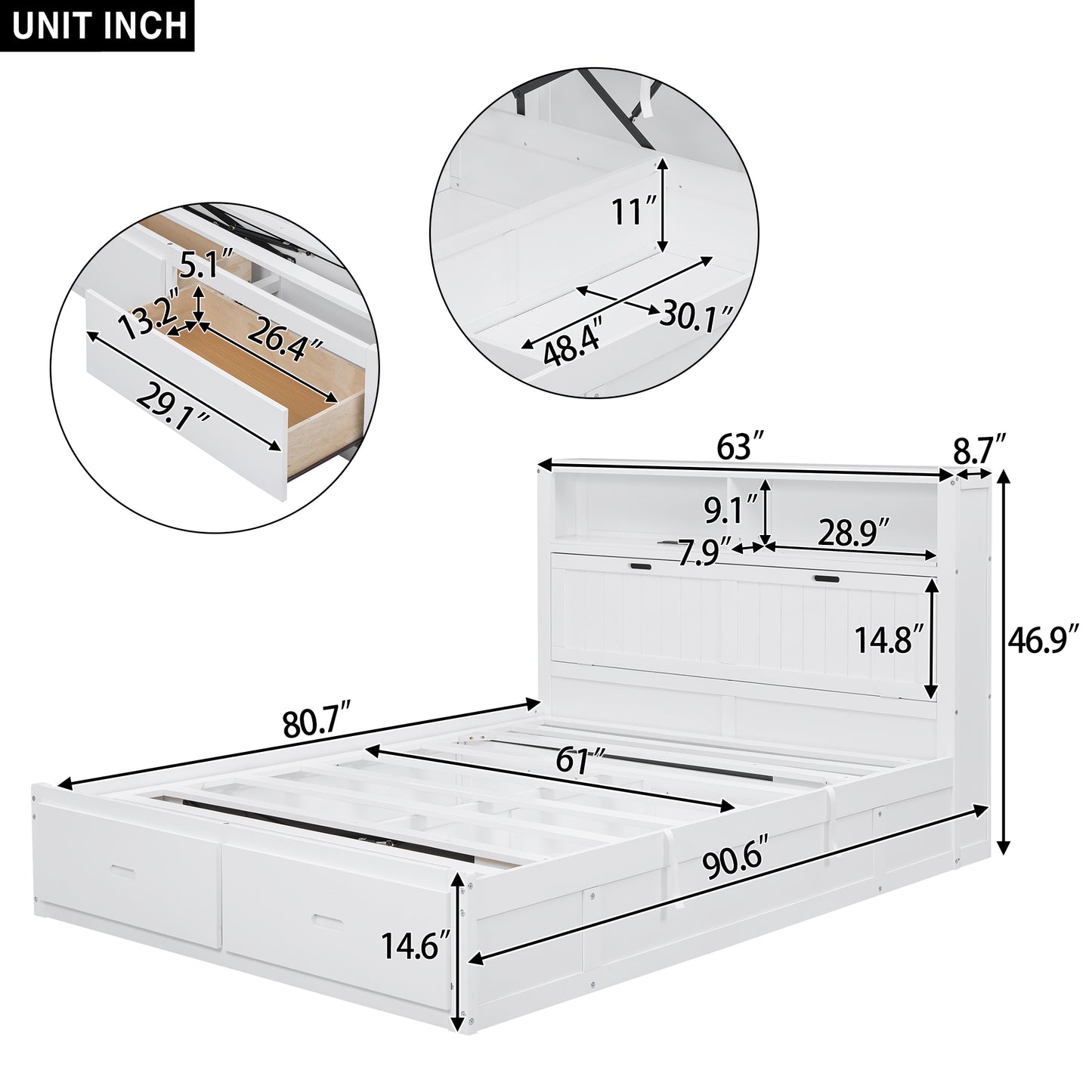 White wooden platform bed with drawers and headboard shelf for storage