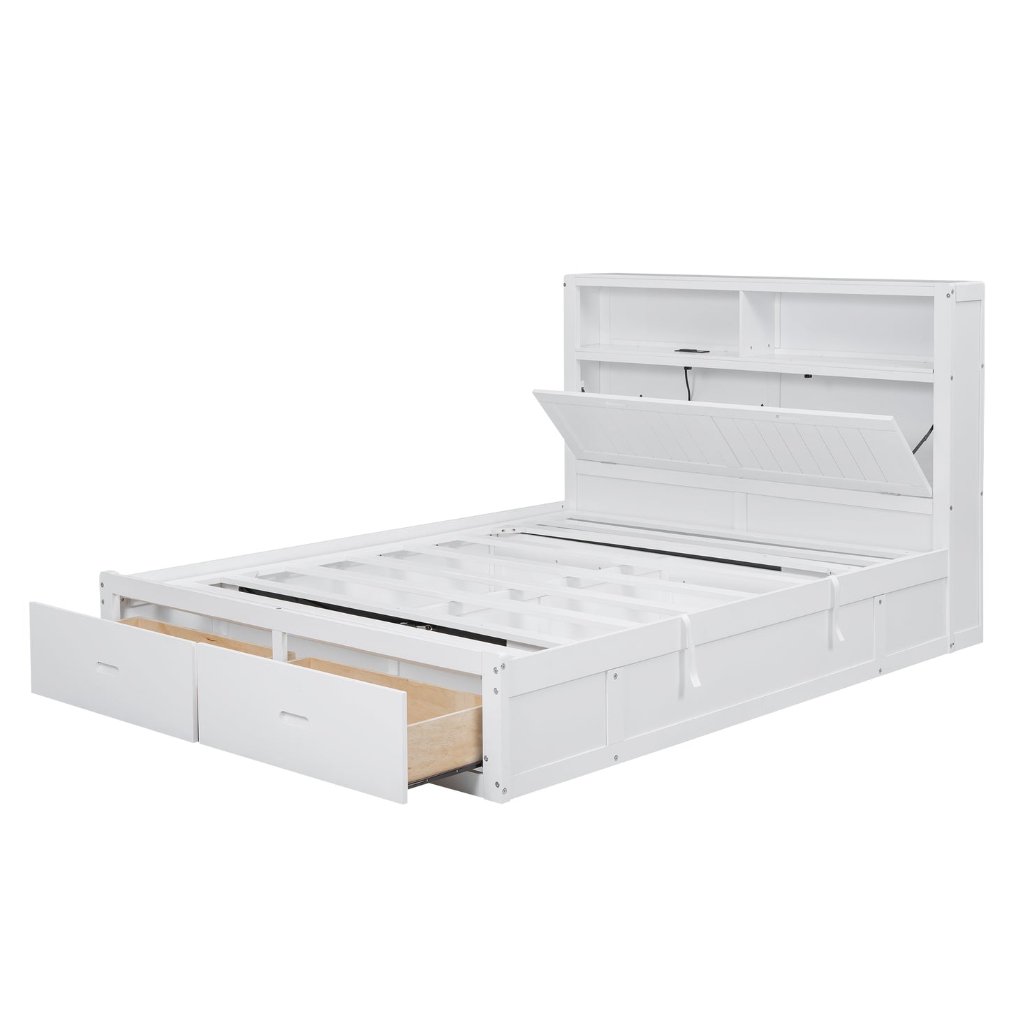 White modern platform bed with builtin bookcase headboard and three storage drawers