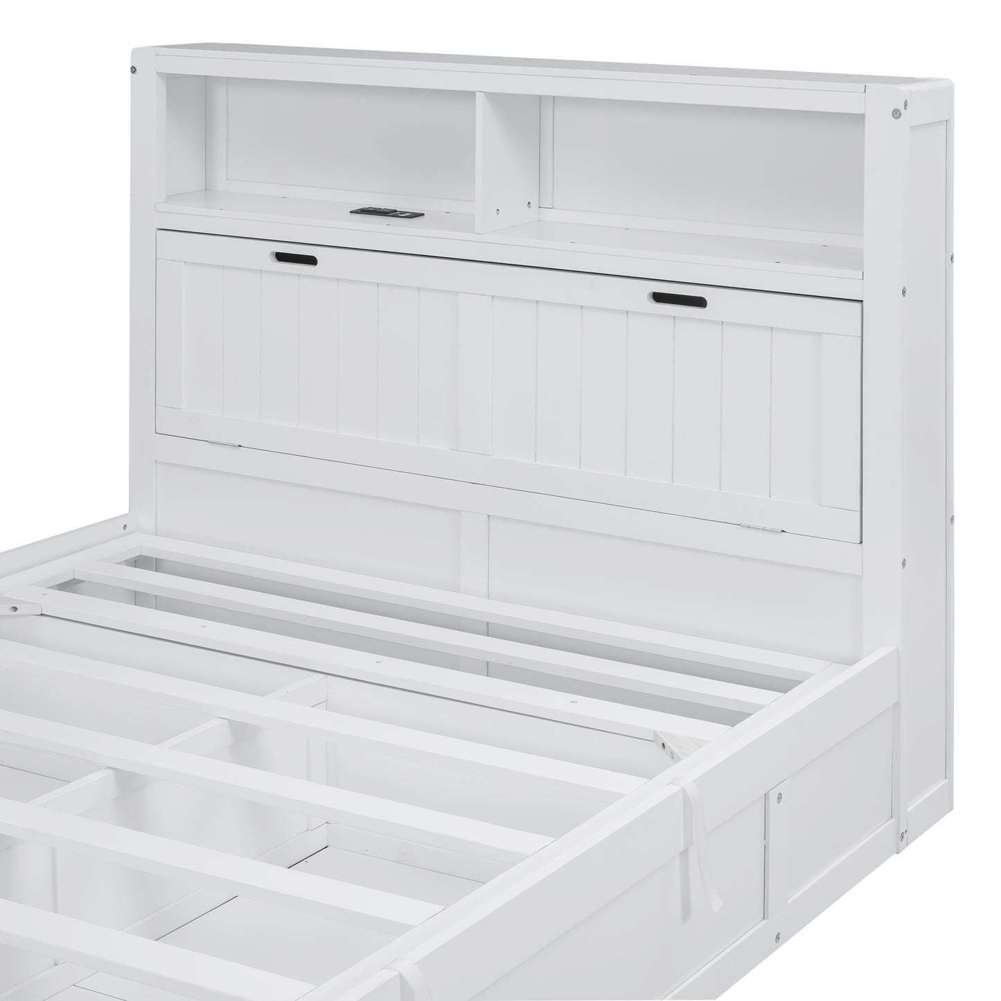 White wooden bed frame with integrated bookcase headboard and storage drawers