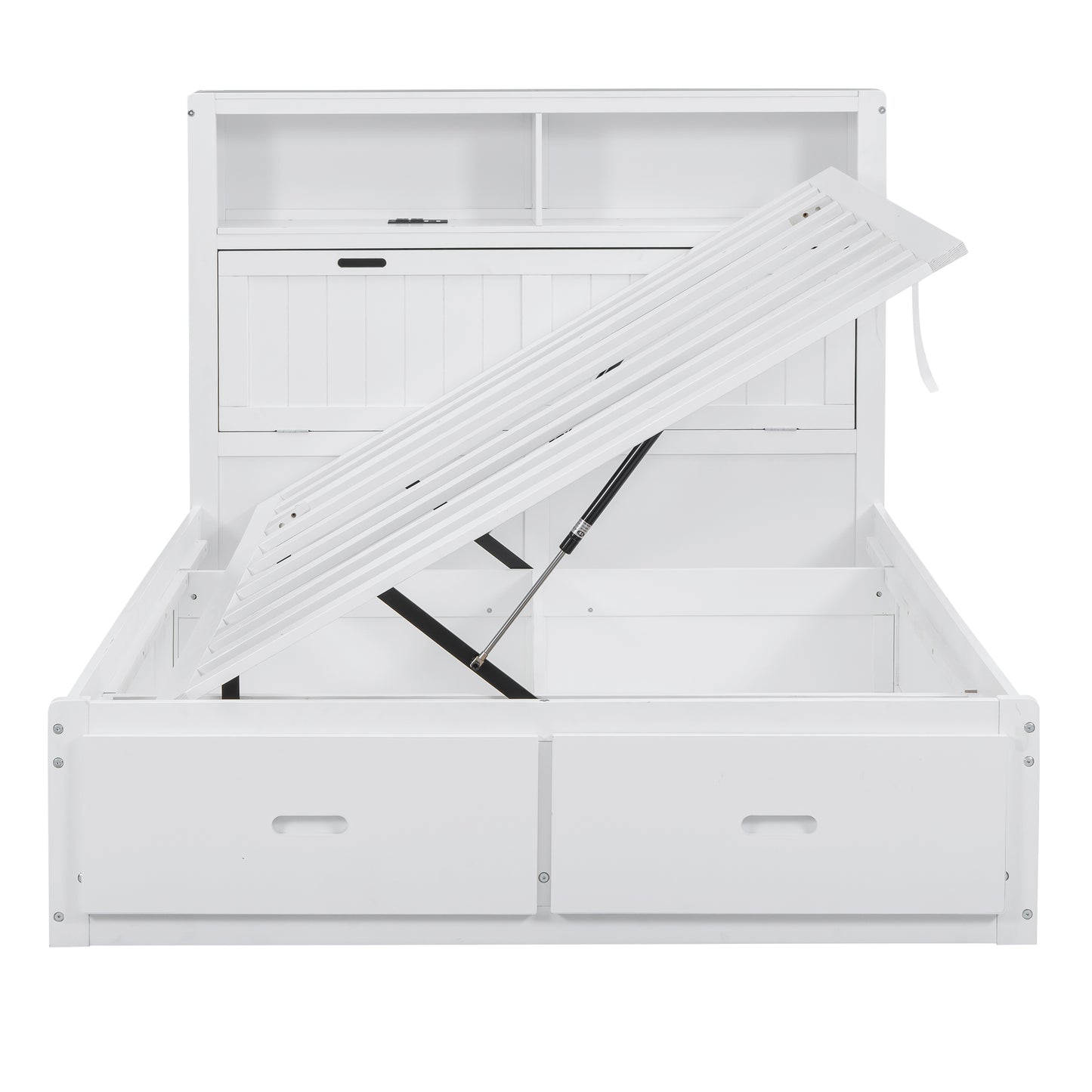 White wooden bed frame with hydraulic lift storage and two drawers below