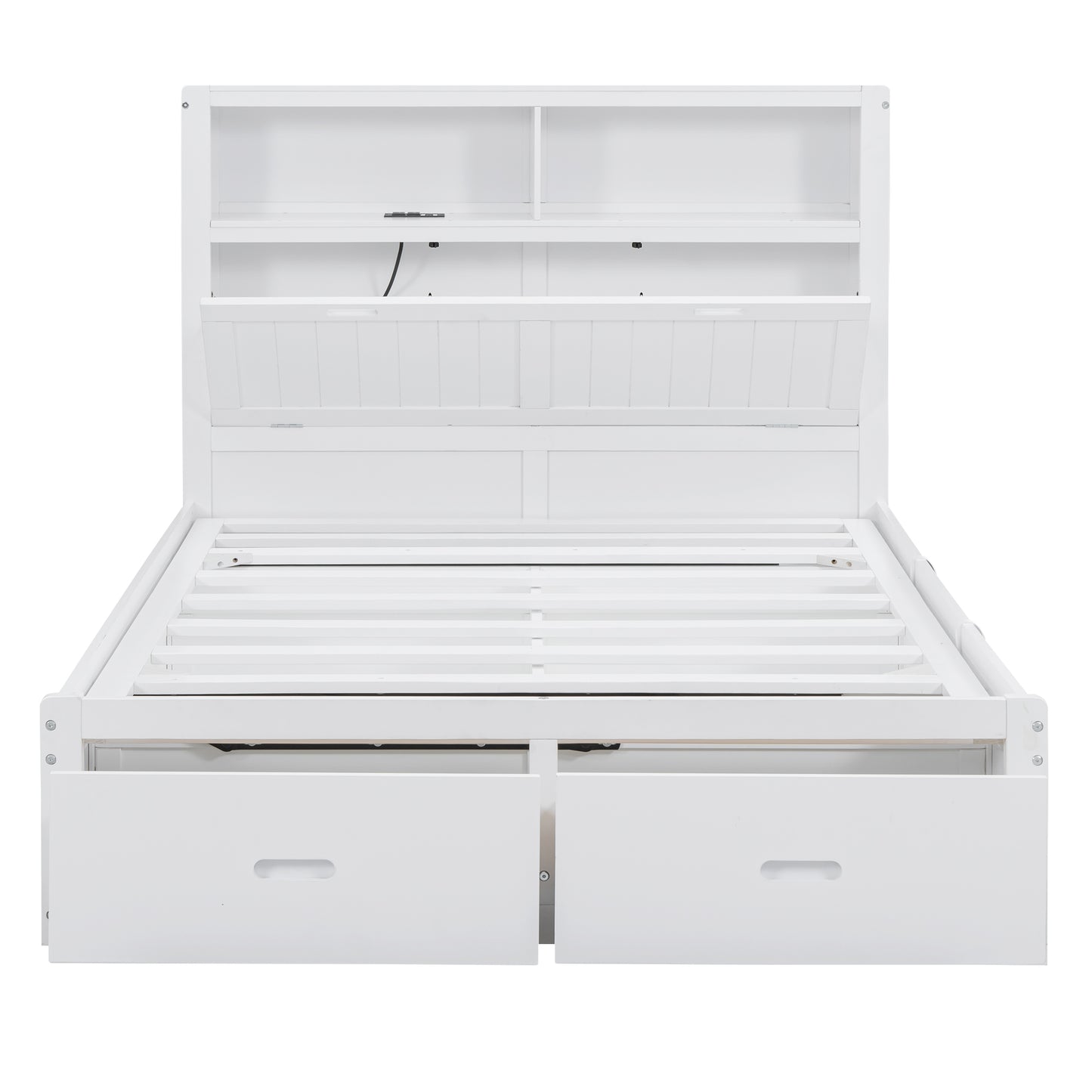 White wooden twin bed frame with builtin shelves storage drawers and USB charging ports