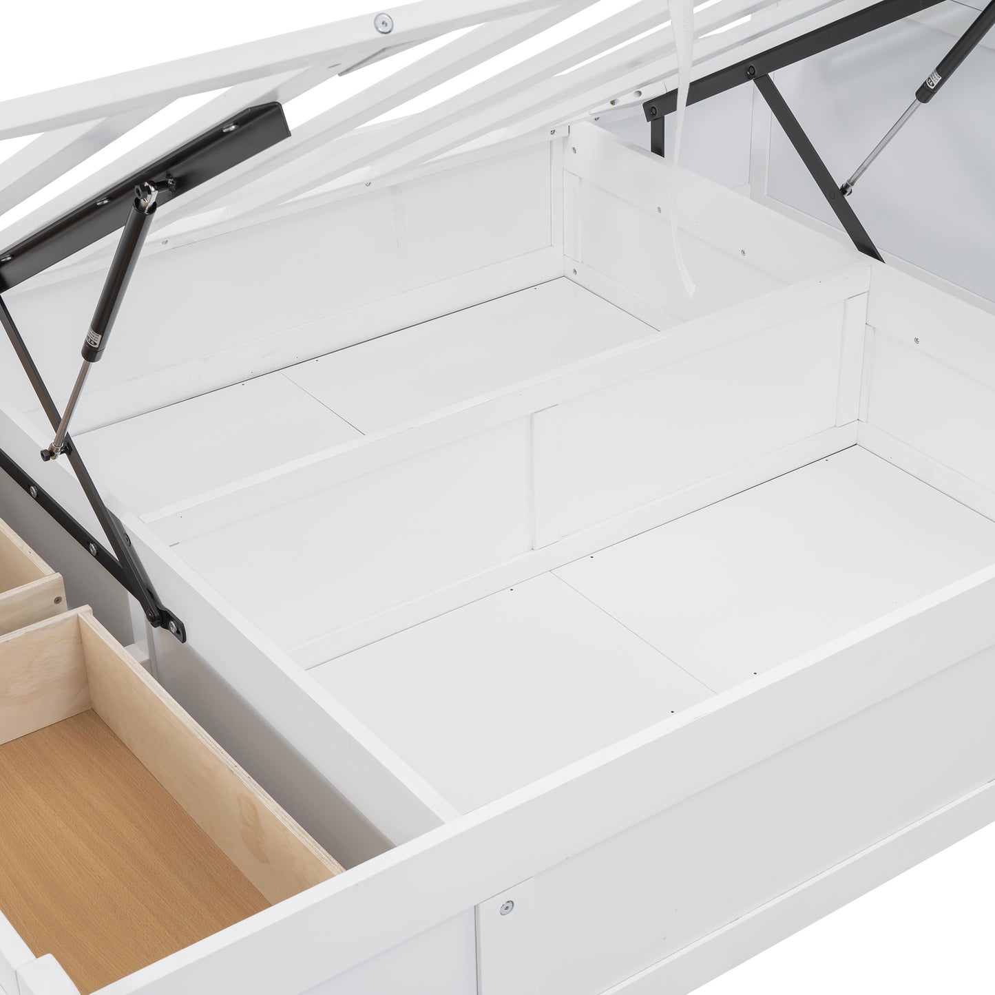 White storage bed frame interior with open drawers and hydraulic lift mechanism