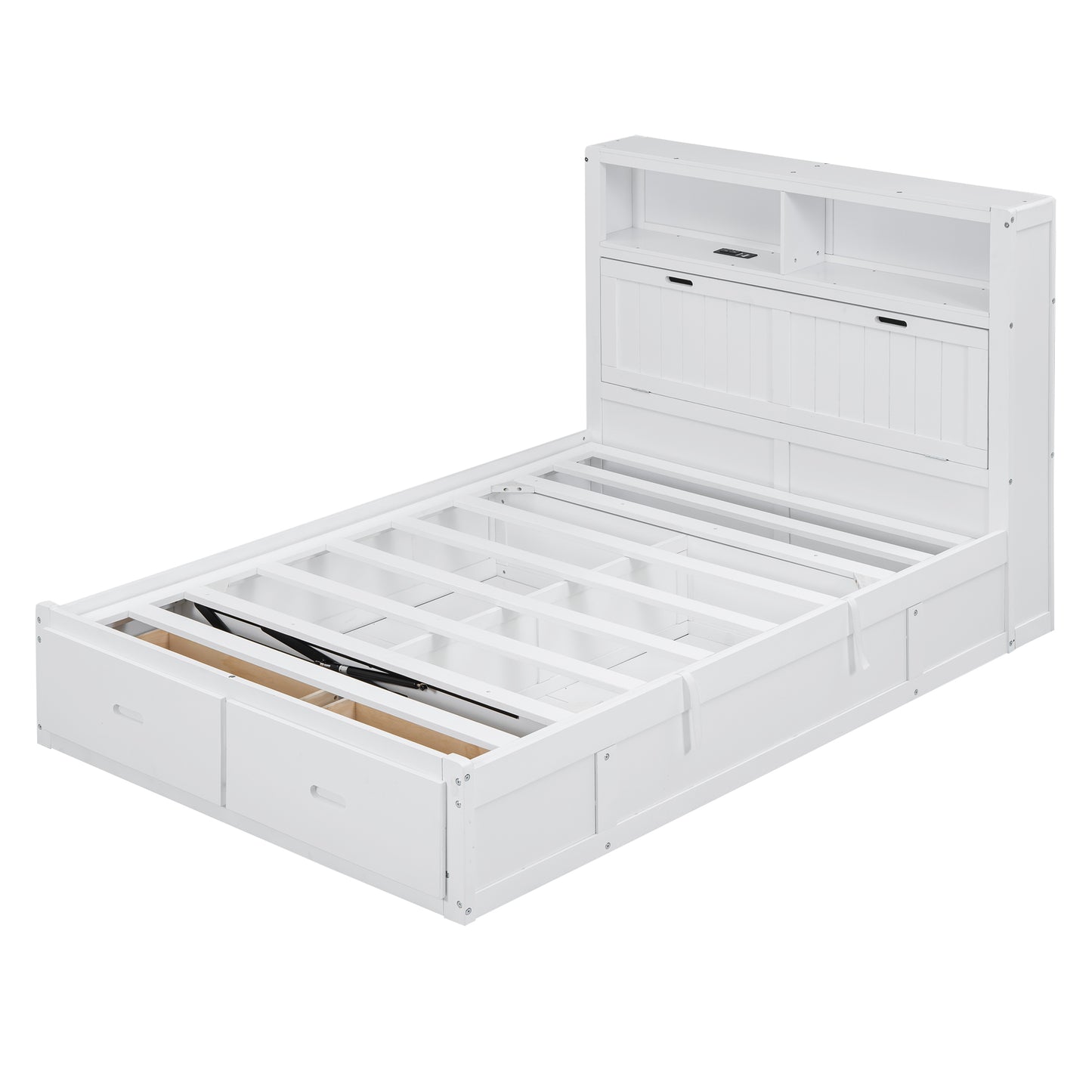 White wooden platform bed frame with storage drawers and bookcase headboard