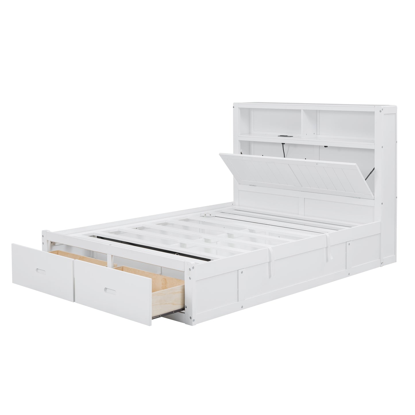 White wooden platform bed frame with storage drawers and bookcase headboard