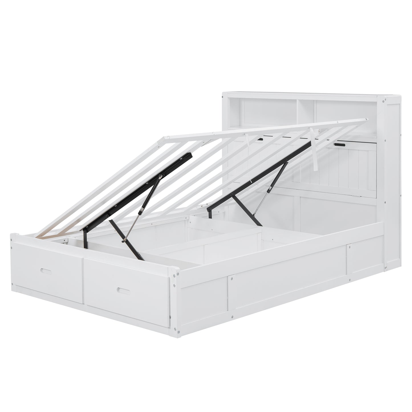 White wooden storage bed frame with open liftup mattress support and drawers