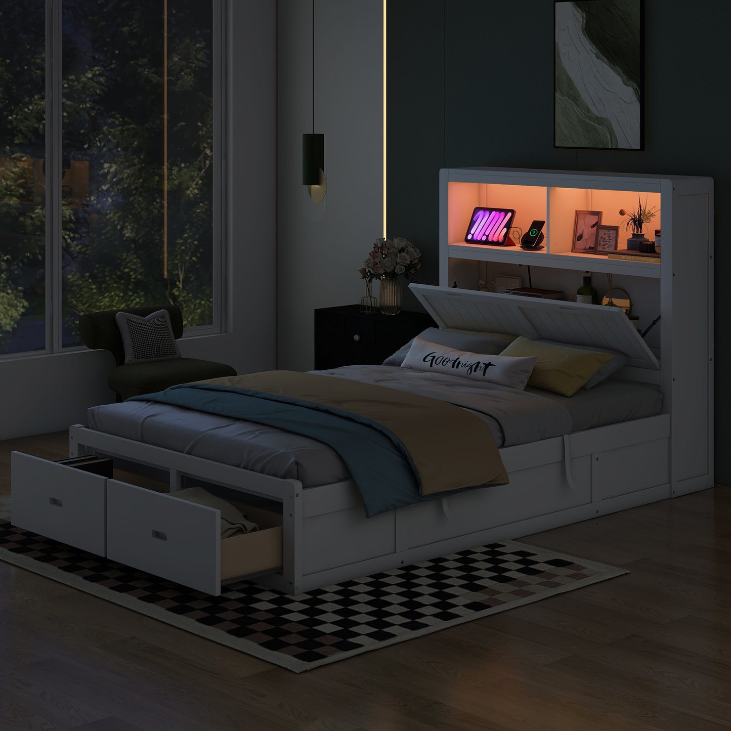 White wooden bed frame with builtin drawers and headboard shelf