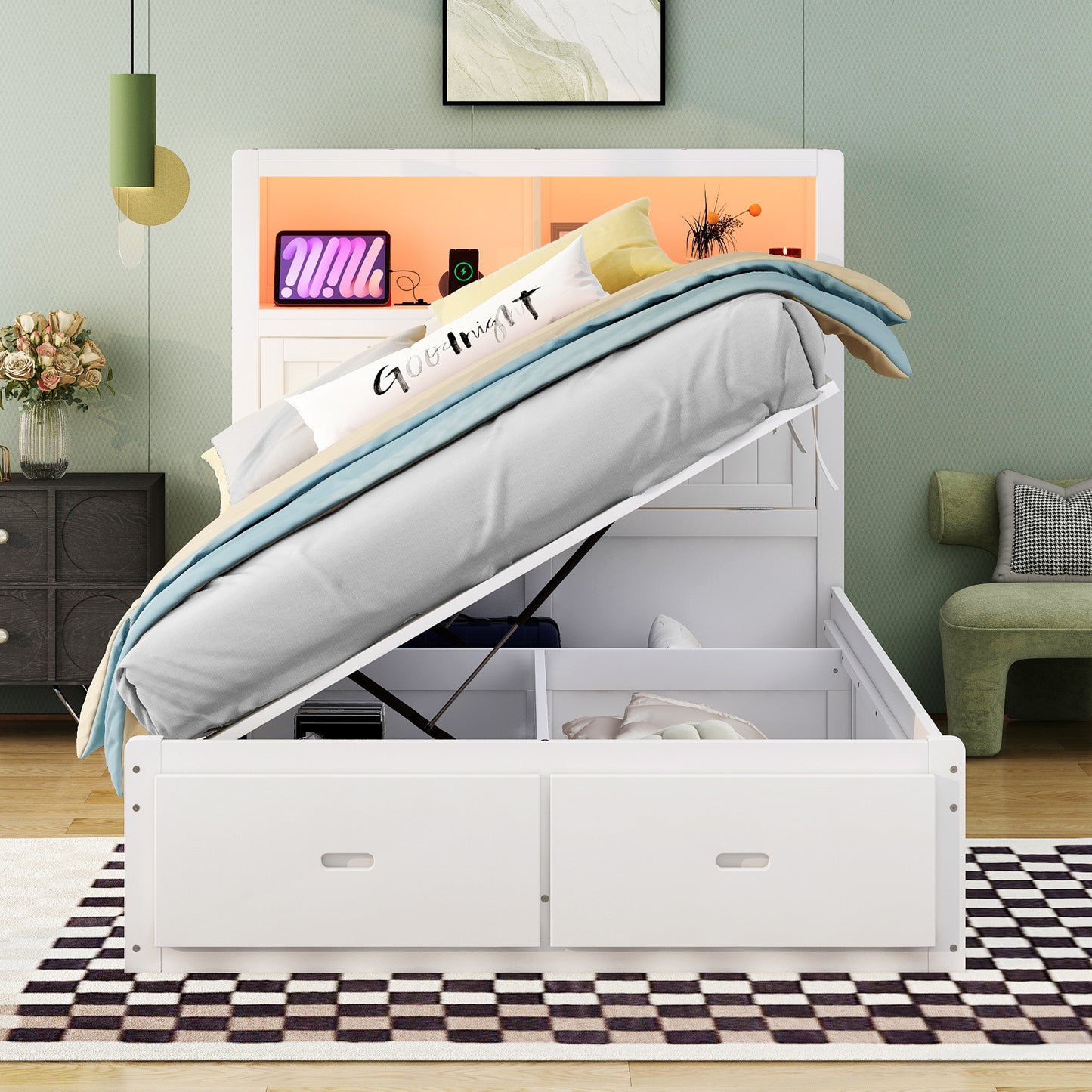 White modern storage bed with hydraulic lift mechanism and ample underbed storage