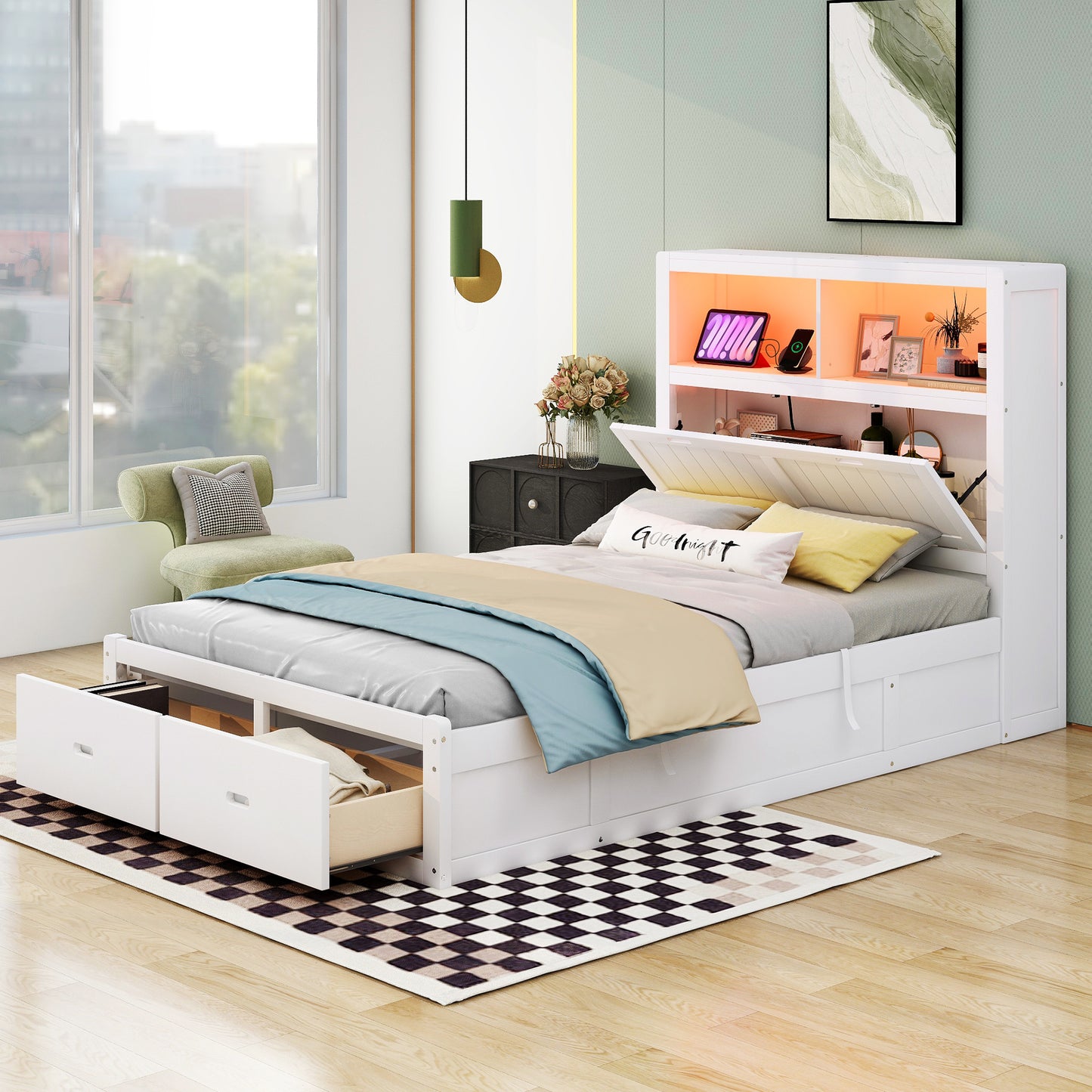 Modern white storage bed with integrated bookshelf and warm LED lighting ideal for small bedrooms
