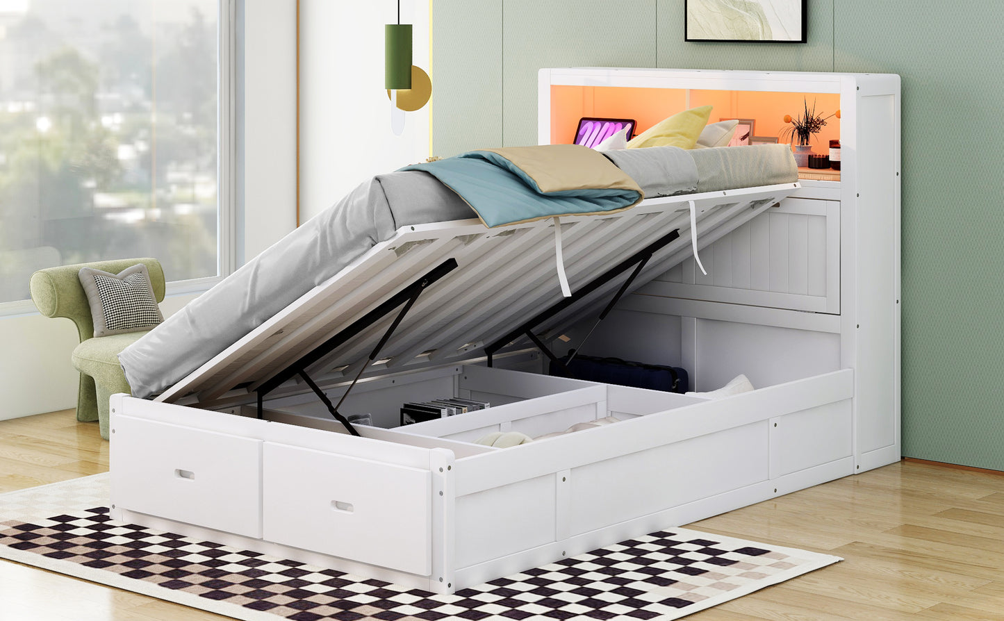 White upholstered storage bed with liftup mattress and integrated drawers for bedroom organization