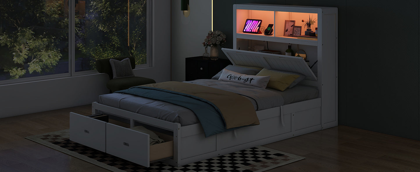 White wooden storage bed frame with drawers perfect for bedroom organization