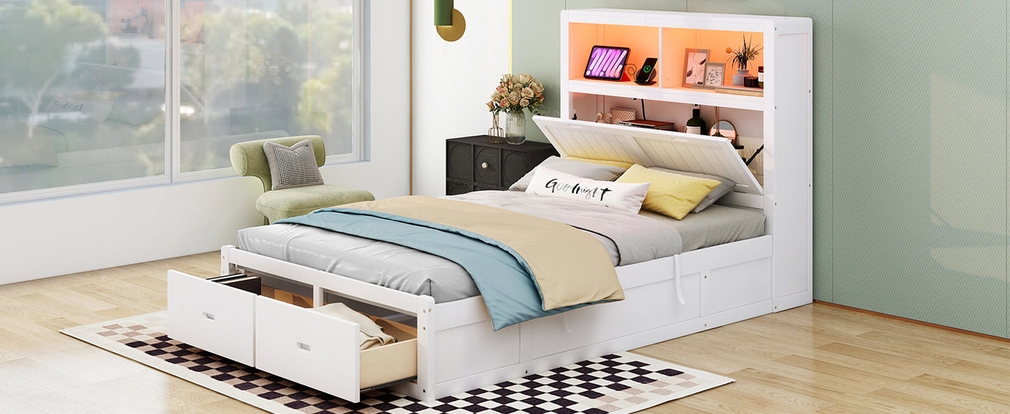 White platform bed frame with headboard storage drawers and integrated lighting