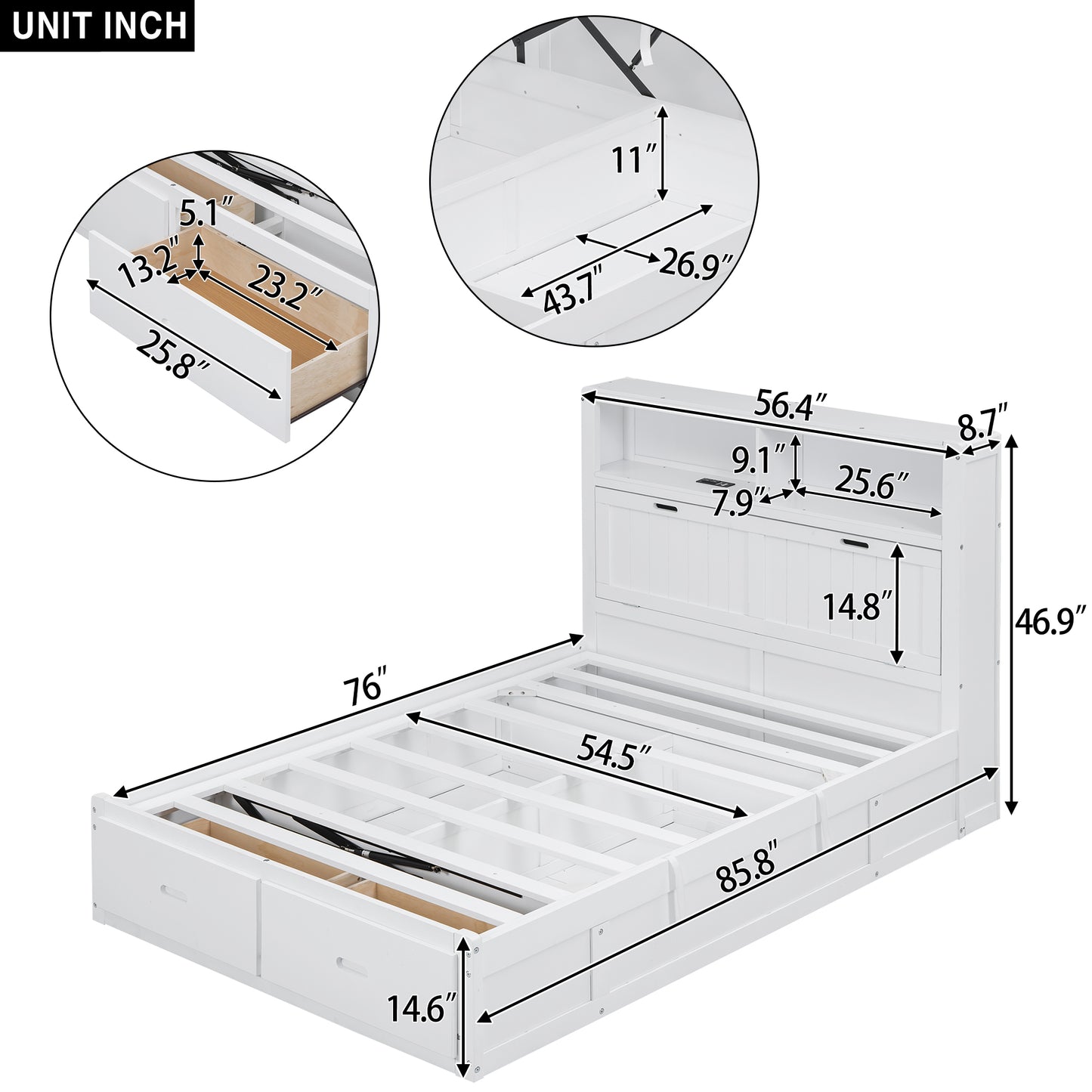 White wooden bed frame with storage drawers featuring detailed dimensions