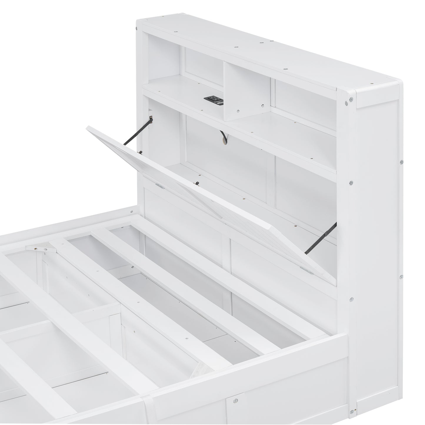 White twin bed frame with builtin bookcase headboard and storage shelves