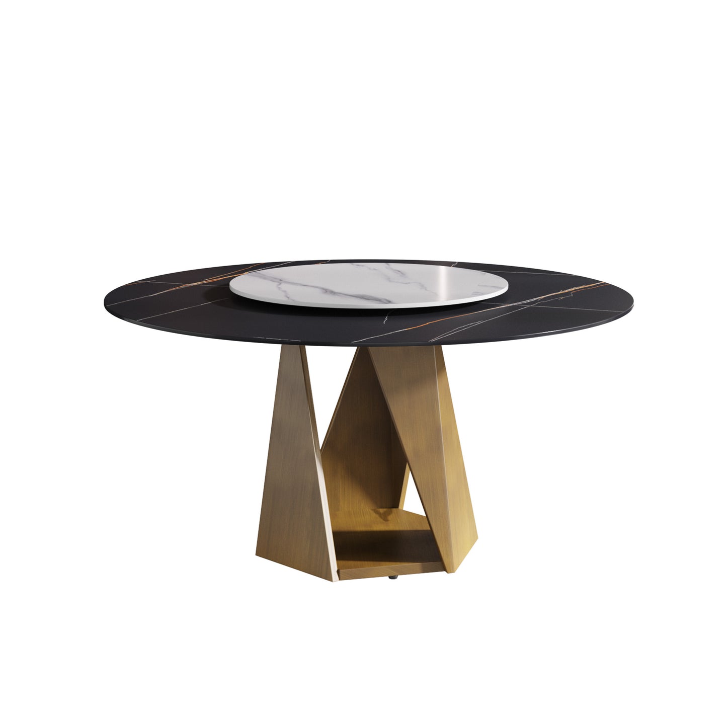 Black marble dining table with gold geometric base and white lazy susan