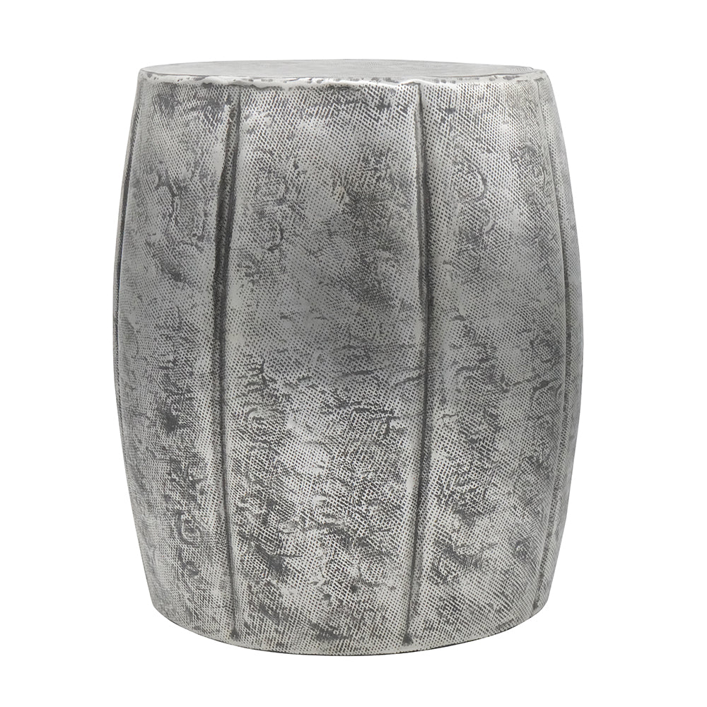 Rustic silver barrelshaped garden stool with textured surface