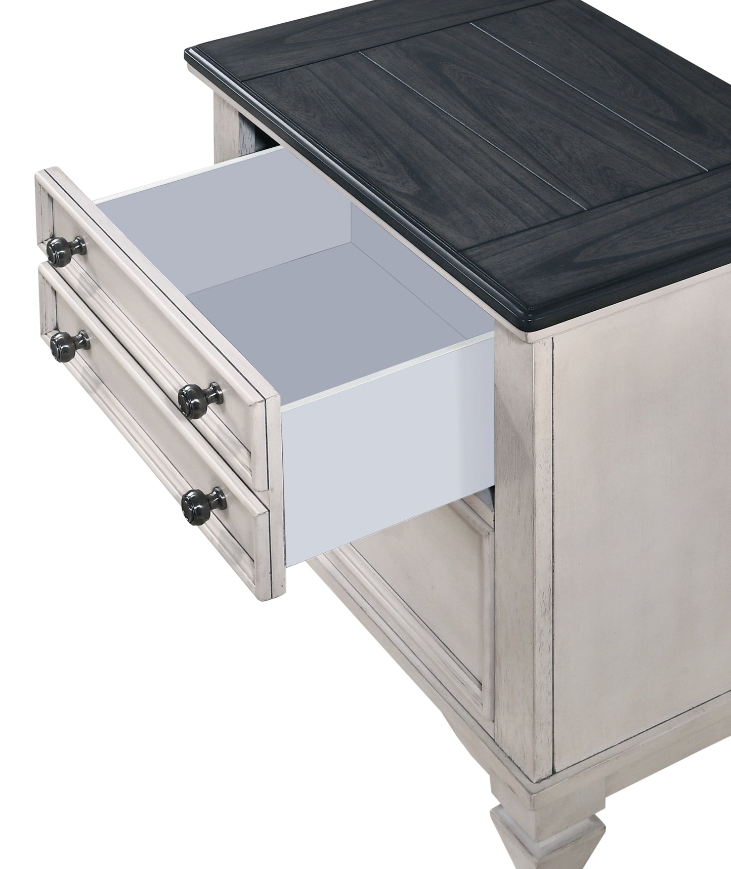 Light gray bedside table with dark wood top and two open drawers