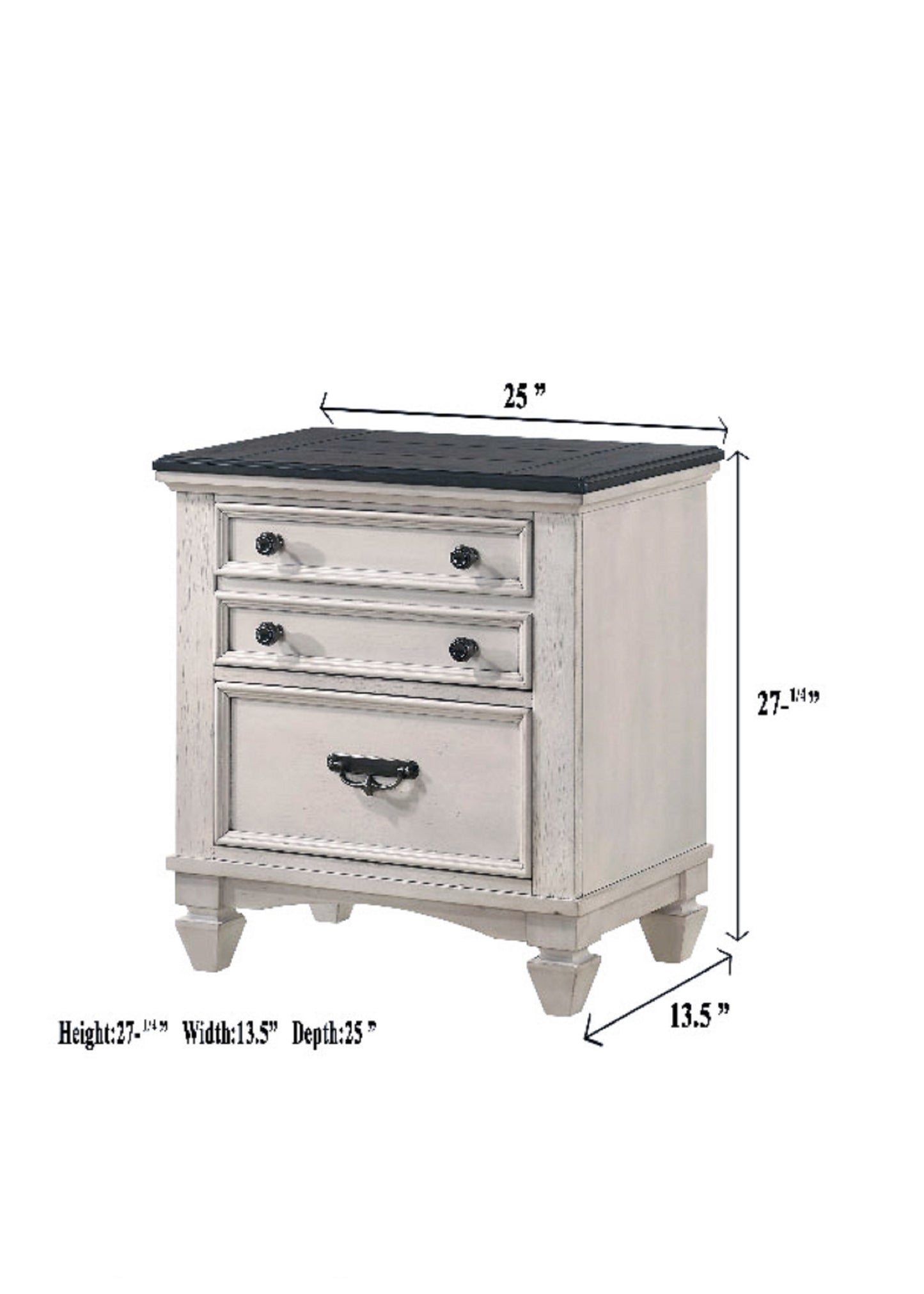 Distressed white nightstand with black top and three drawers