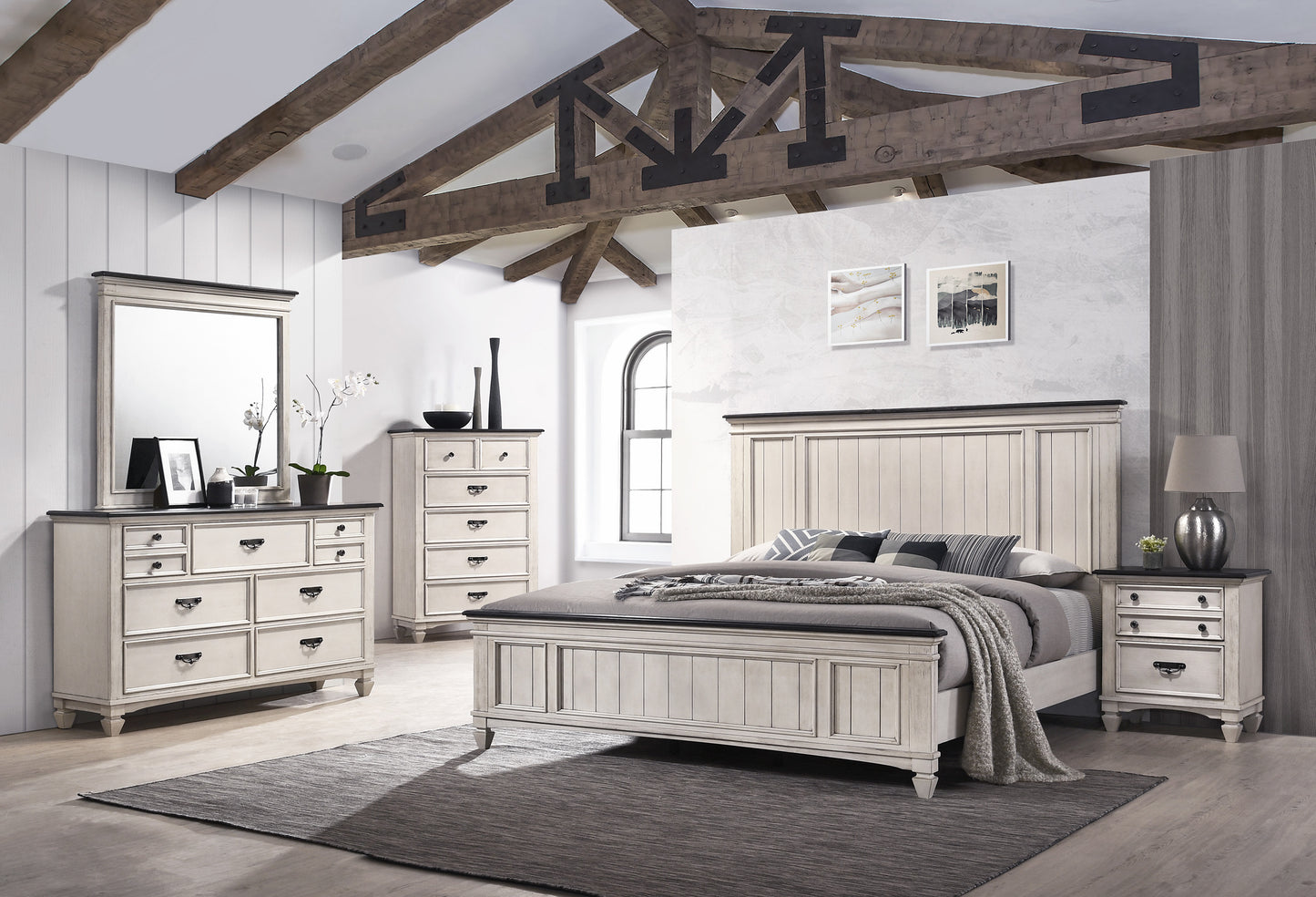 Farmhouse style white and black wood bed frame with paneled headboard