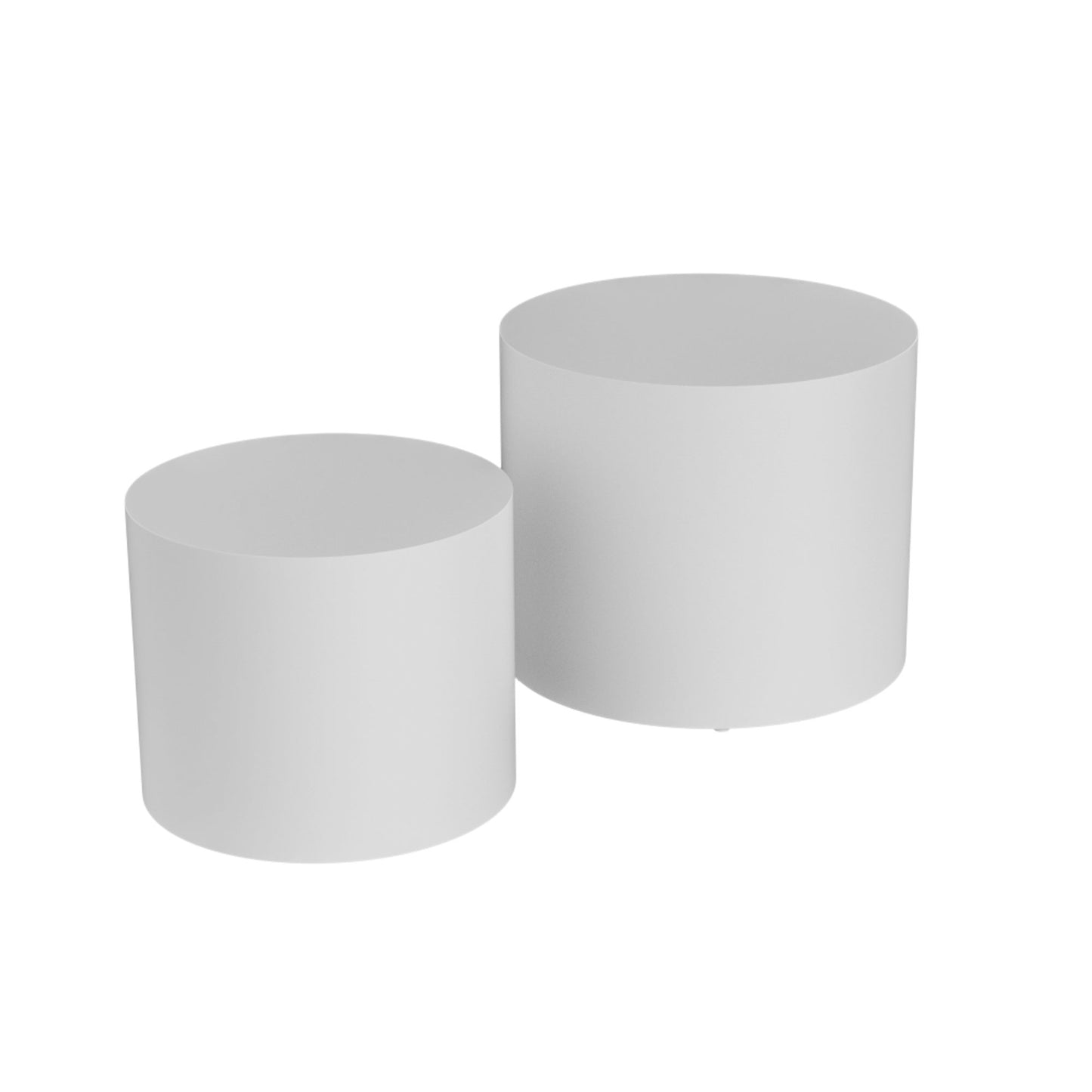 Two white cylindrical display pedestals of different heights