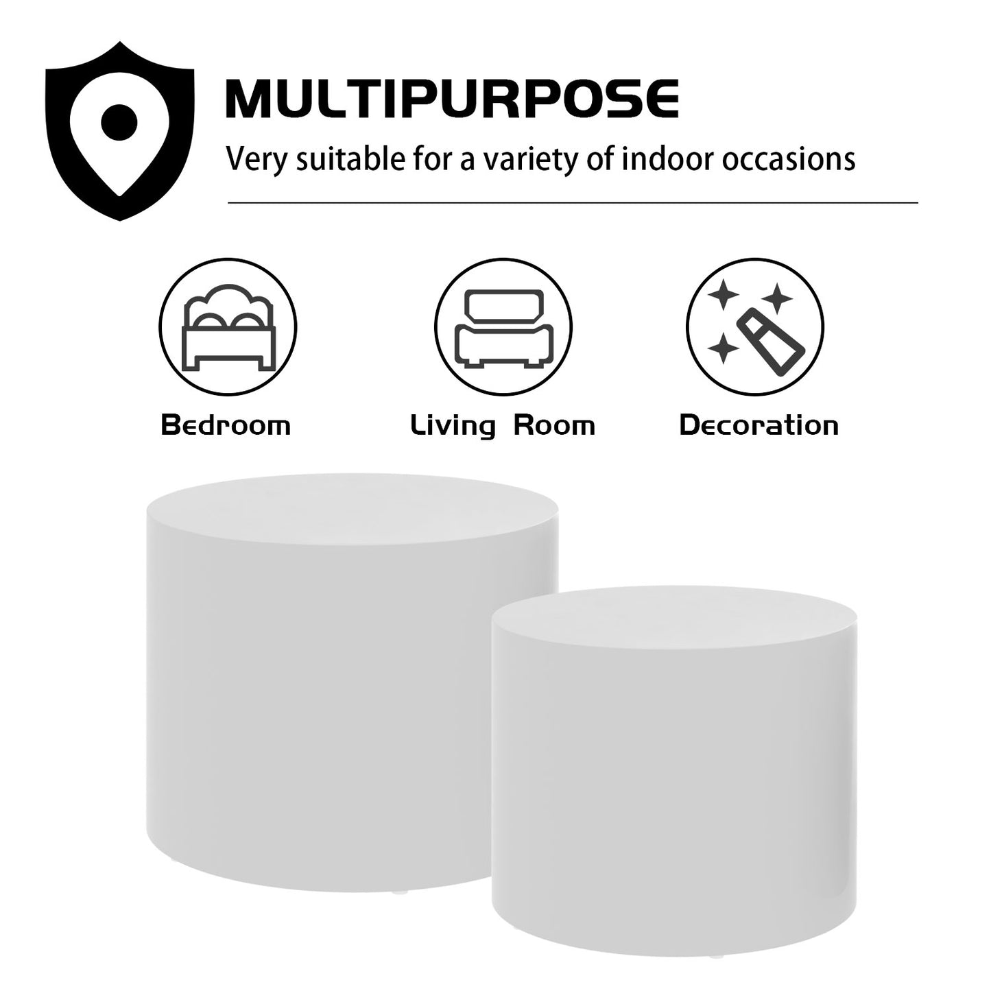 Two white cylindrical display pedestals perfect for product staging
