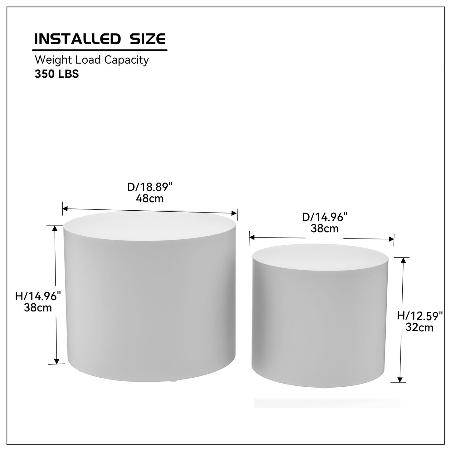 Set of two white round modern side tables one tall cm one short cm