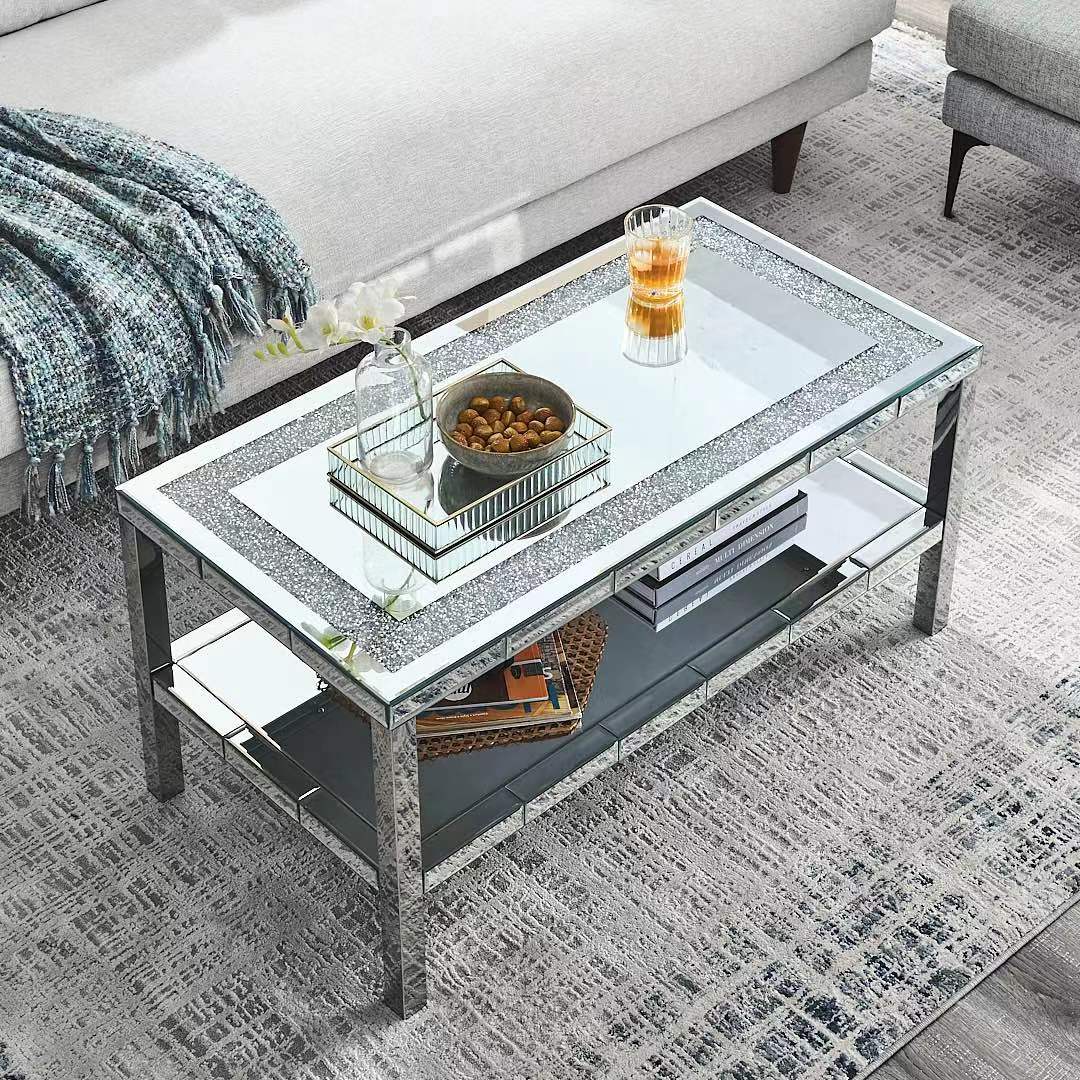Mirrored coffee table with crushed diamond inlay and two shelves for storage
