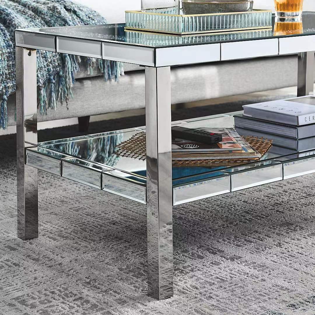 Mirrored coffee table with silver legs twotiered design for modern living rooms