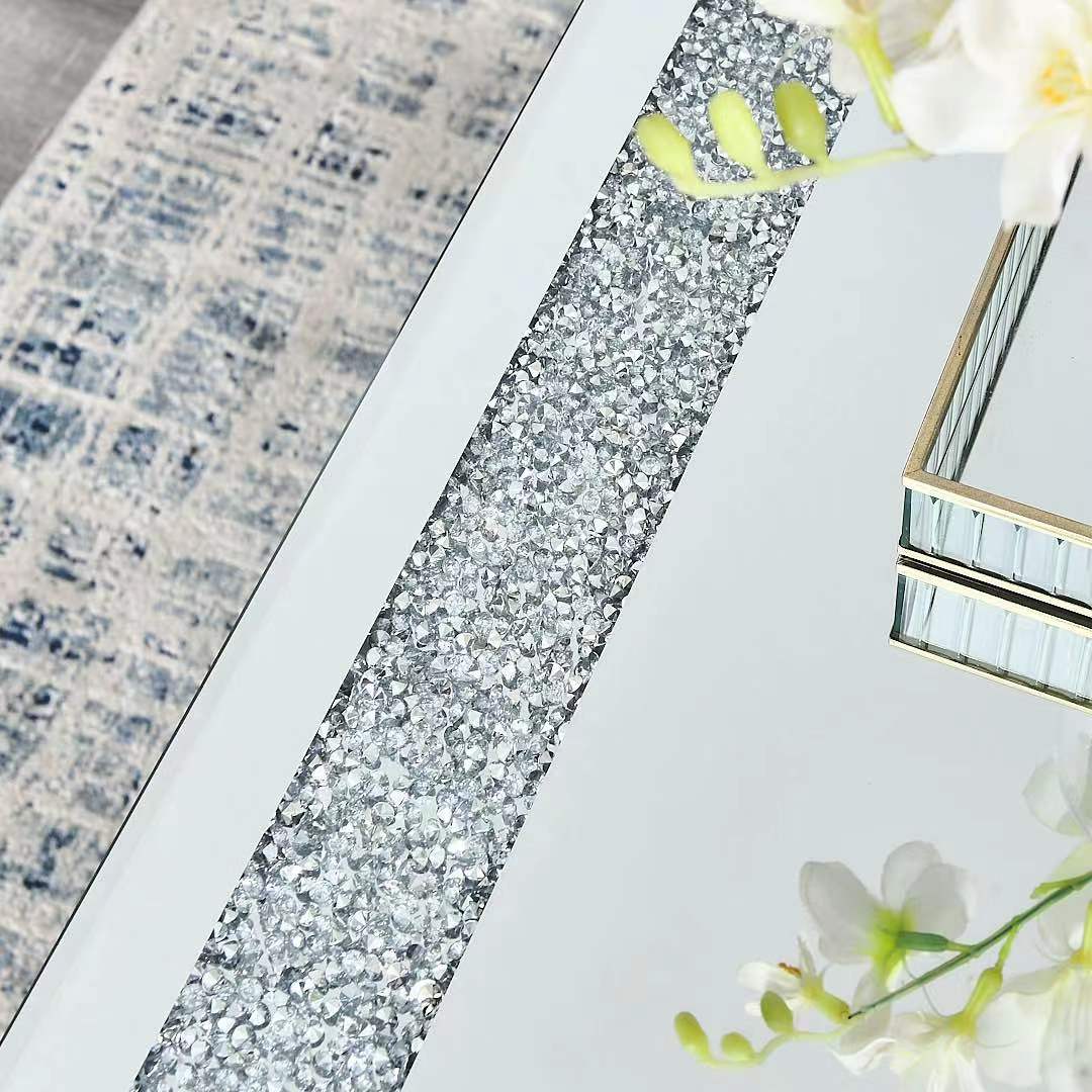 Crushed diamond inlay on a mirrored table runner adding glamour
