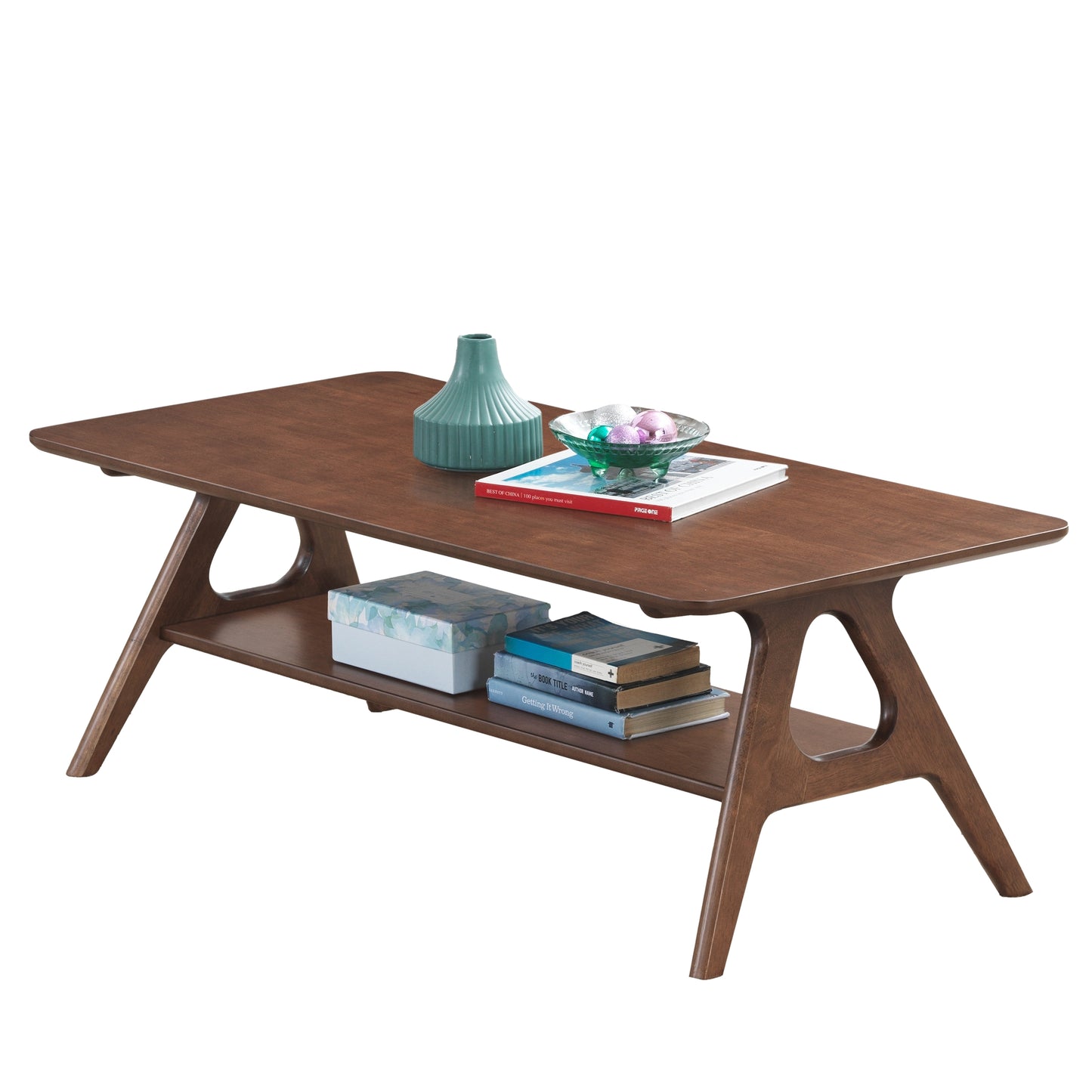 Midcentury modern walnut coffee table with a lower shelf perfect for living rooms