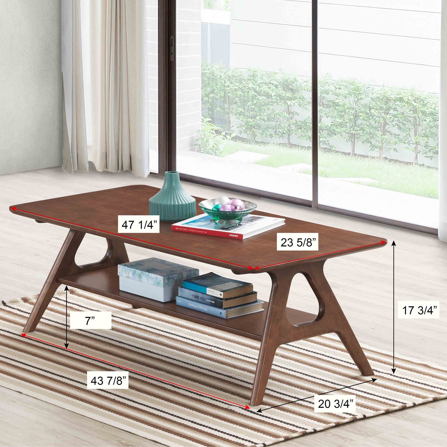 Midcentury modern dark wood coffee table with lower shelf and decorative vase