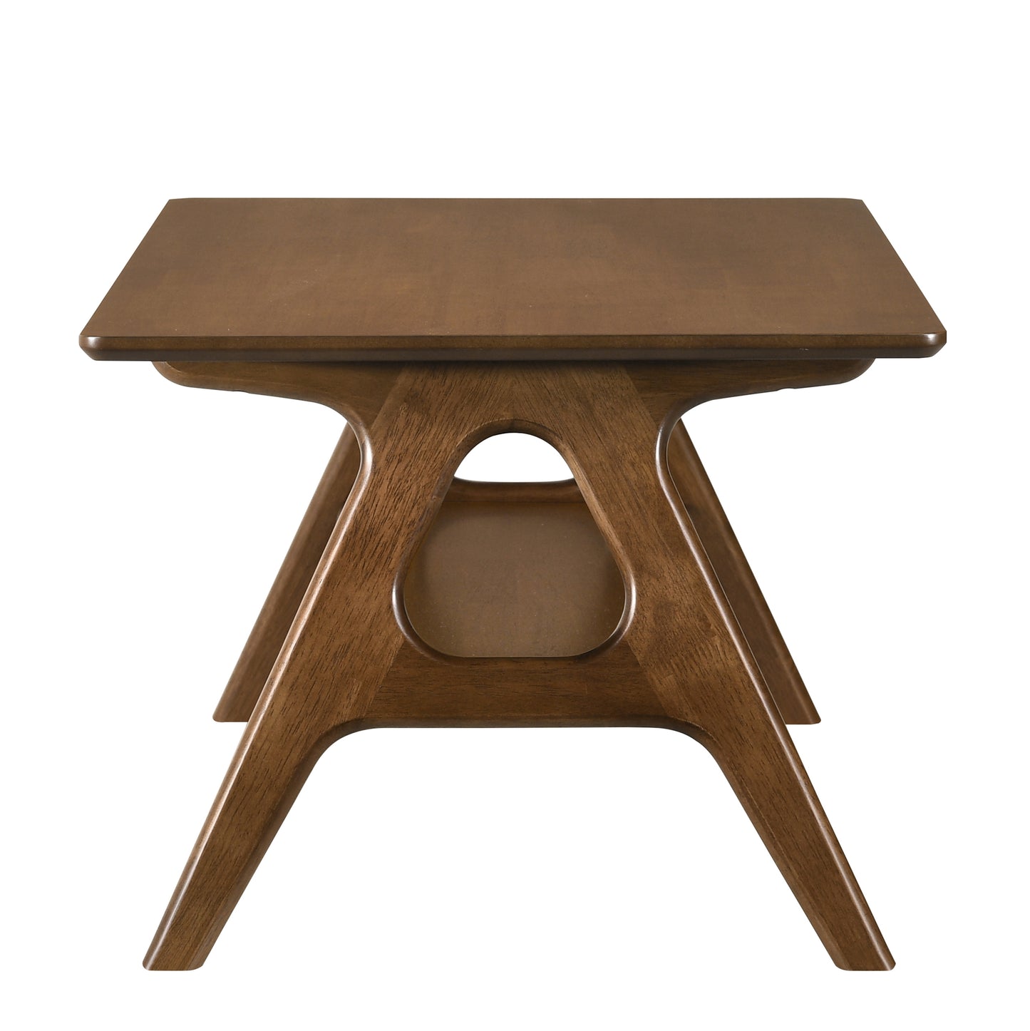 Wooden accent table with geometric legs and cutout detail perfect for modern living rooms