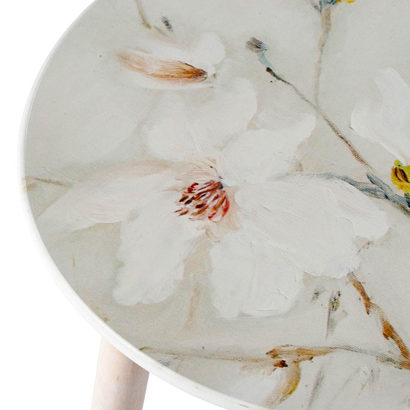 Round side table with delicate white floral oil painting design