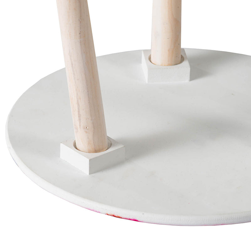 White round side table with natural wood legs and white square bases