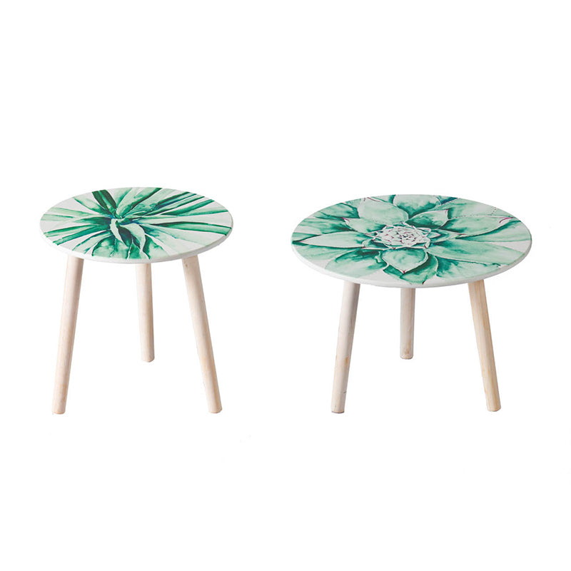 Round side table with green succulent print and light wood legs perfect accent for boho decor