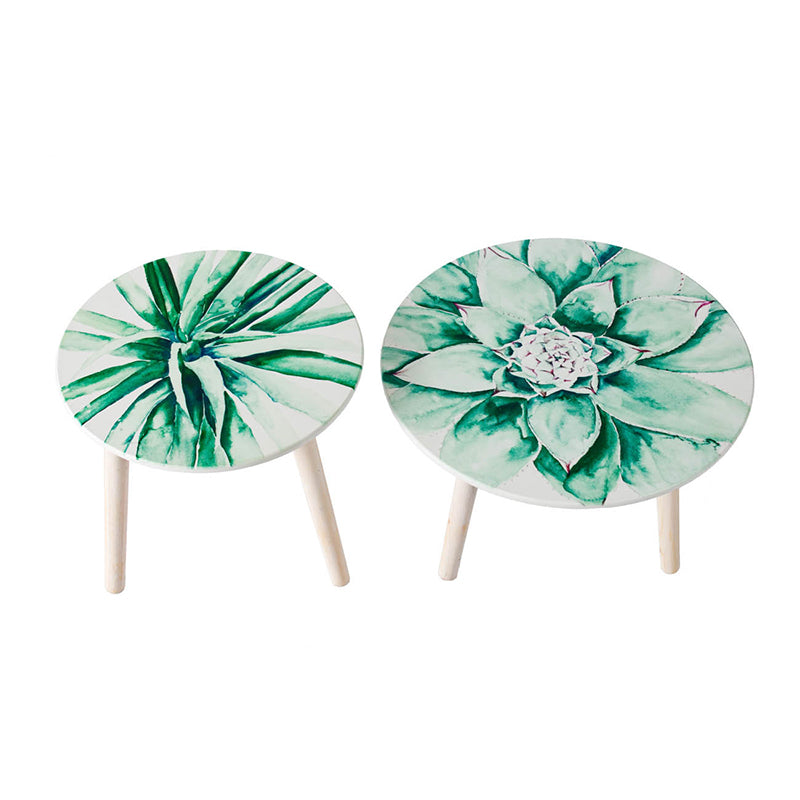 Two round side tables with botanical prints and wooden legs