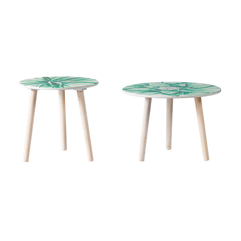 Set of two round side tables with green botanical print and light wood legs