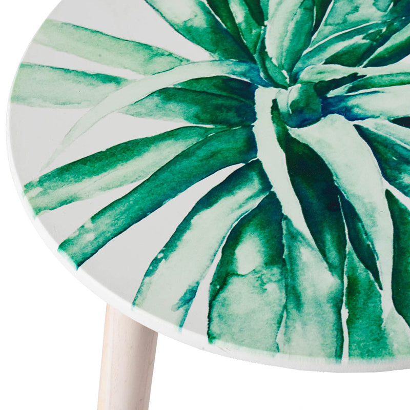 Round white side table with watercolor green leaf print