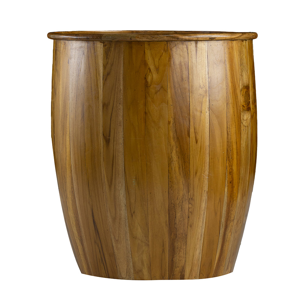 Wooden barrel accent table with natural wood grain finish