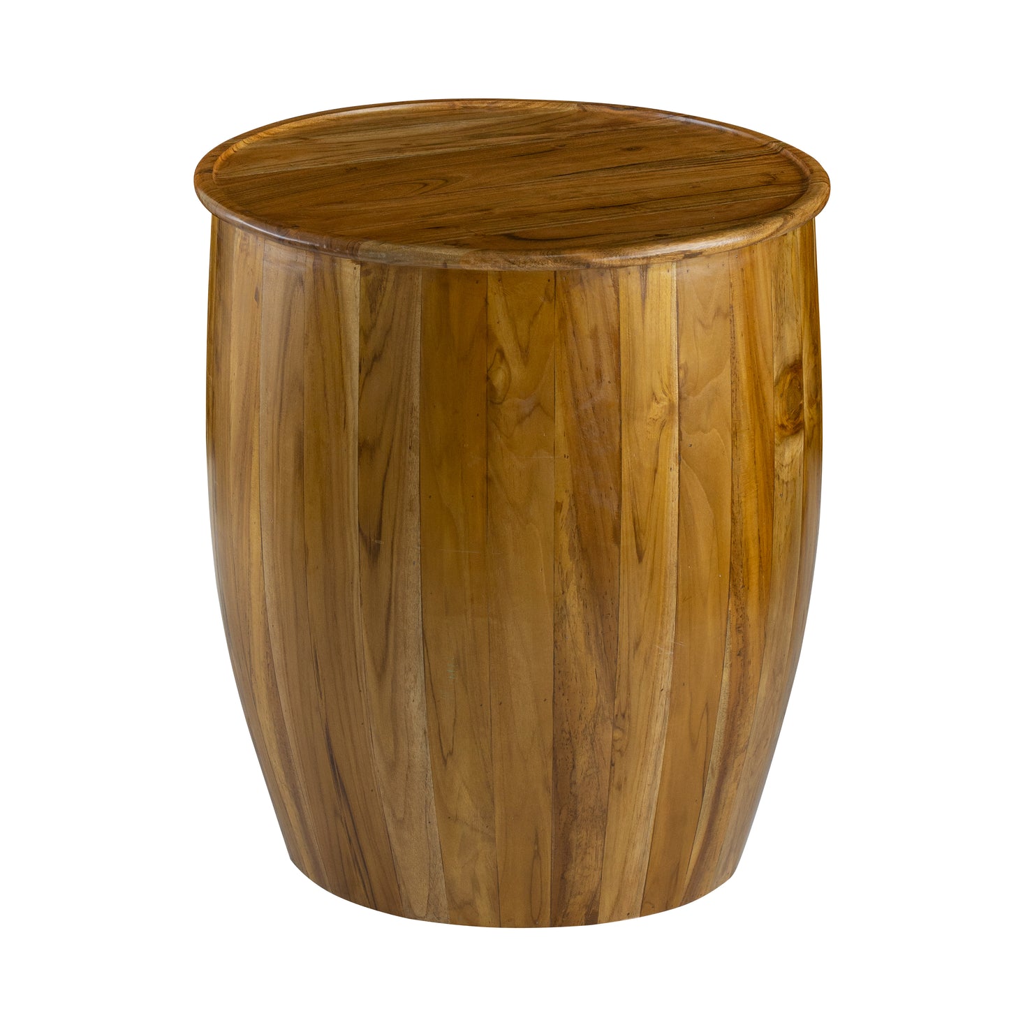 Barrelshaped teak side table with rich wood grain and a rounded top for rustic charm