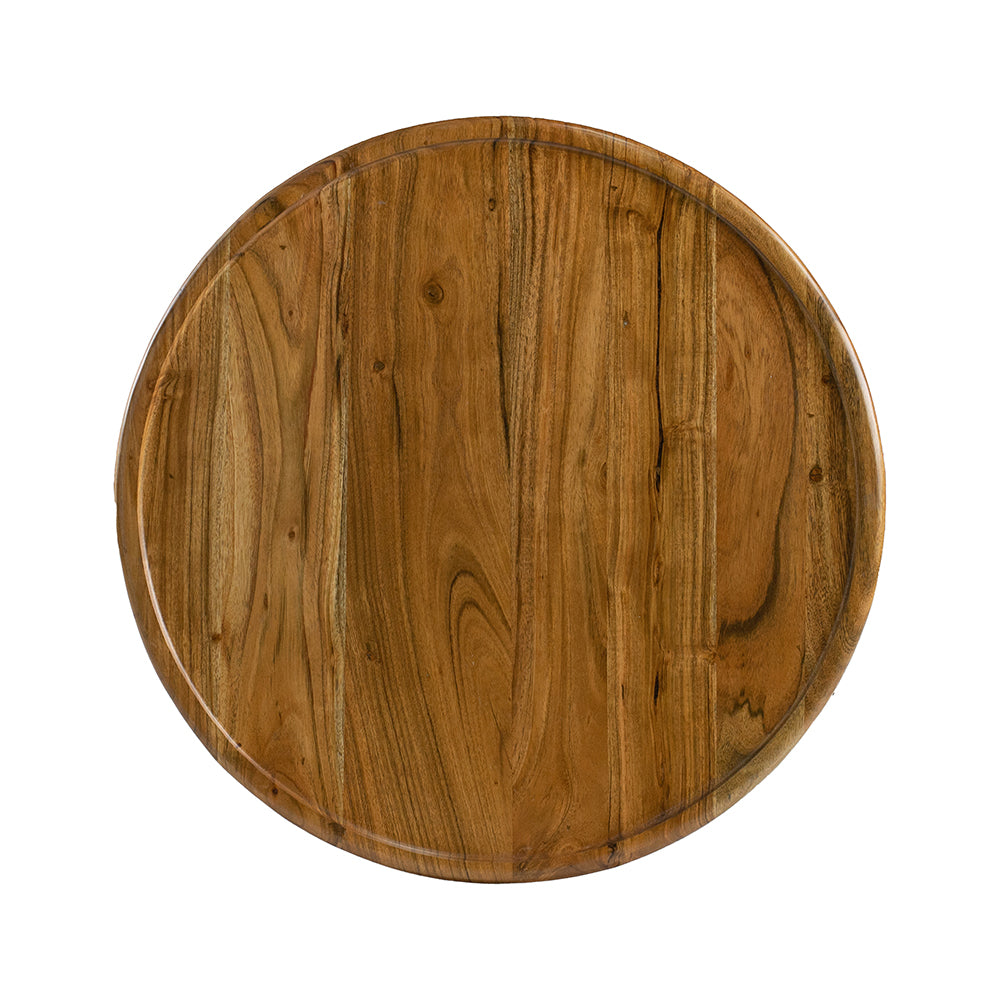 Round wooden serving board with natural grain texture