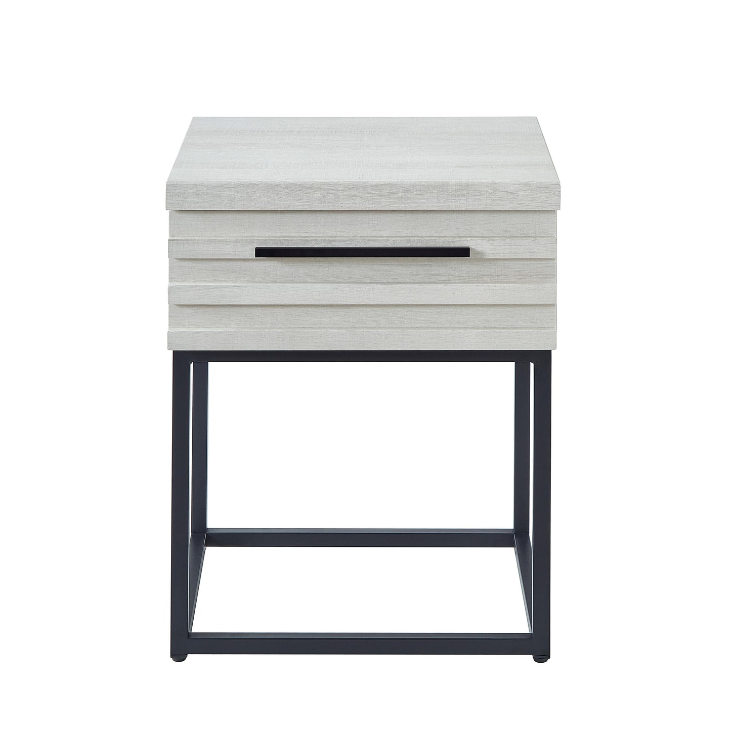 Light gray wood grain bedside table with black metal frame and drawer