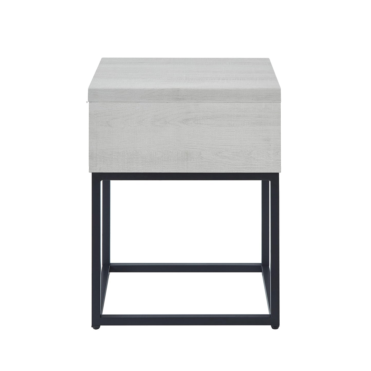Modern grey wood grain nightstand with black metal frame and drawer