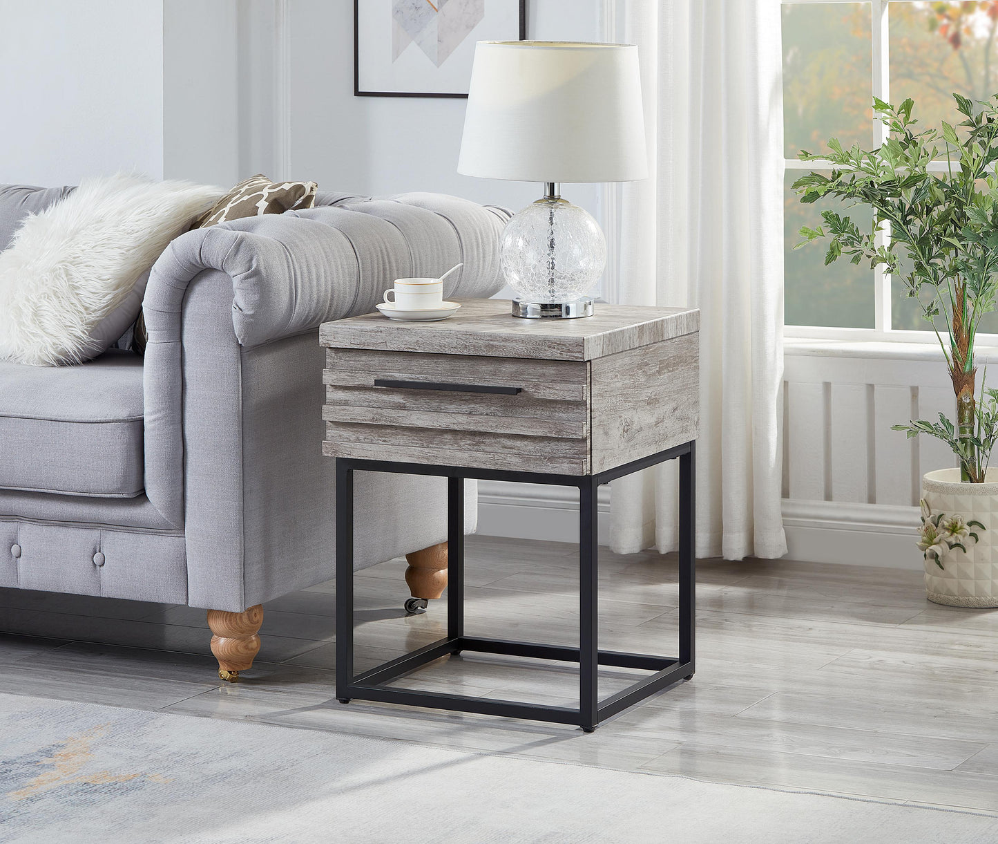 Rustic grey wood end table with one drawer and black metal frame