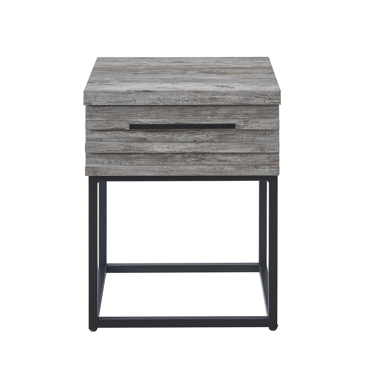 Gray wood grain nightstand with a single drawer and black metal frame legs