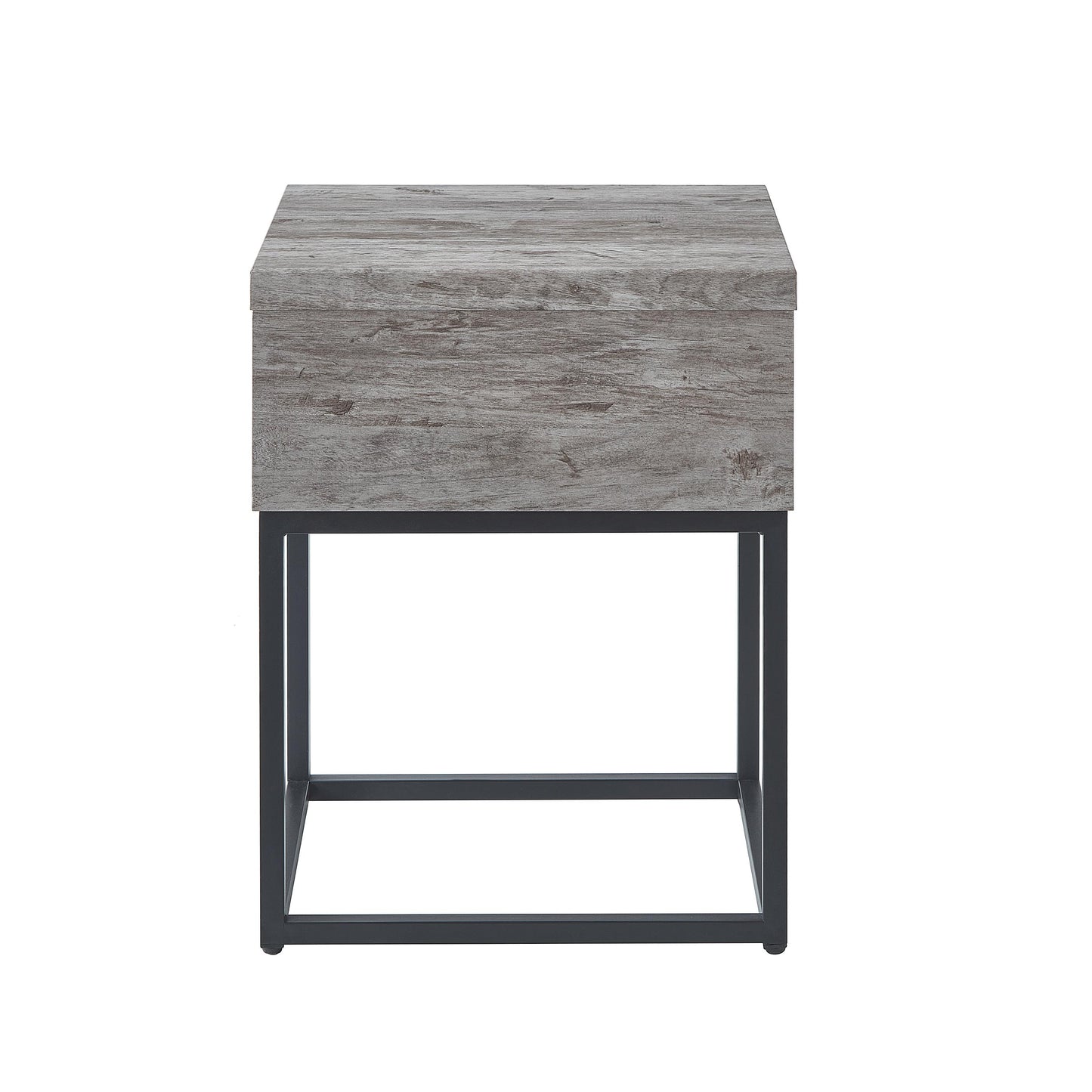 Rustic grey woodgrain finish nightstand with black metal frame