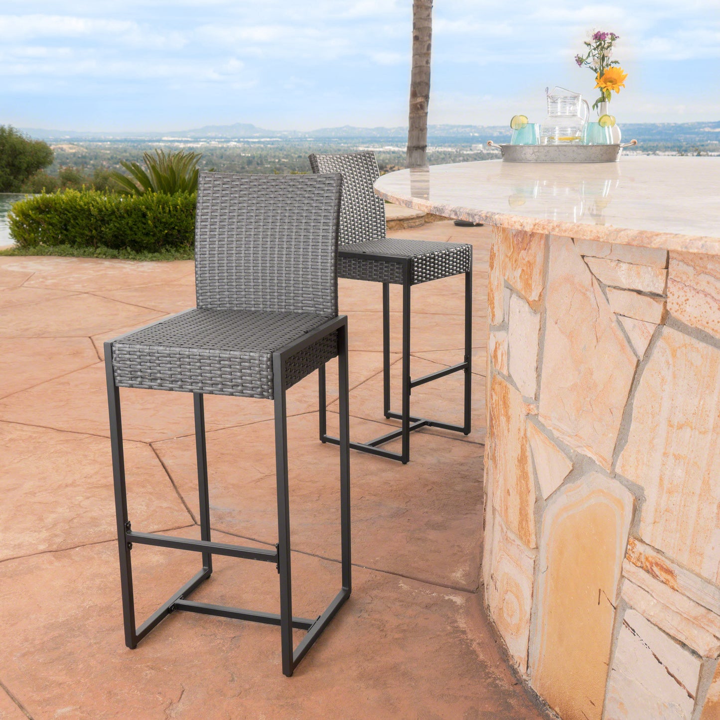 TREATLIFE HOME Outdoor Wicker Barstool Set of 2, Durable Polyethylene Wicker with Powder Coated Iron Frame, Grey