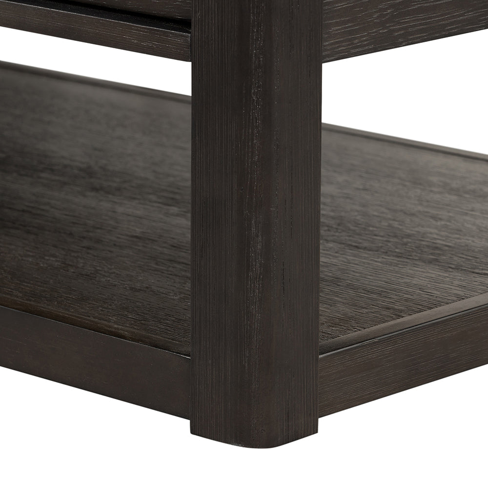 Dark oak wood grain texture on a modern coffee table shelf