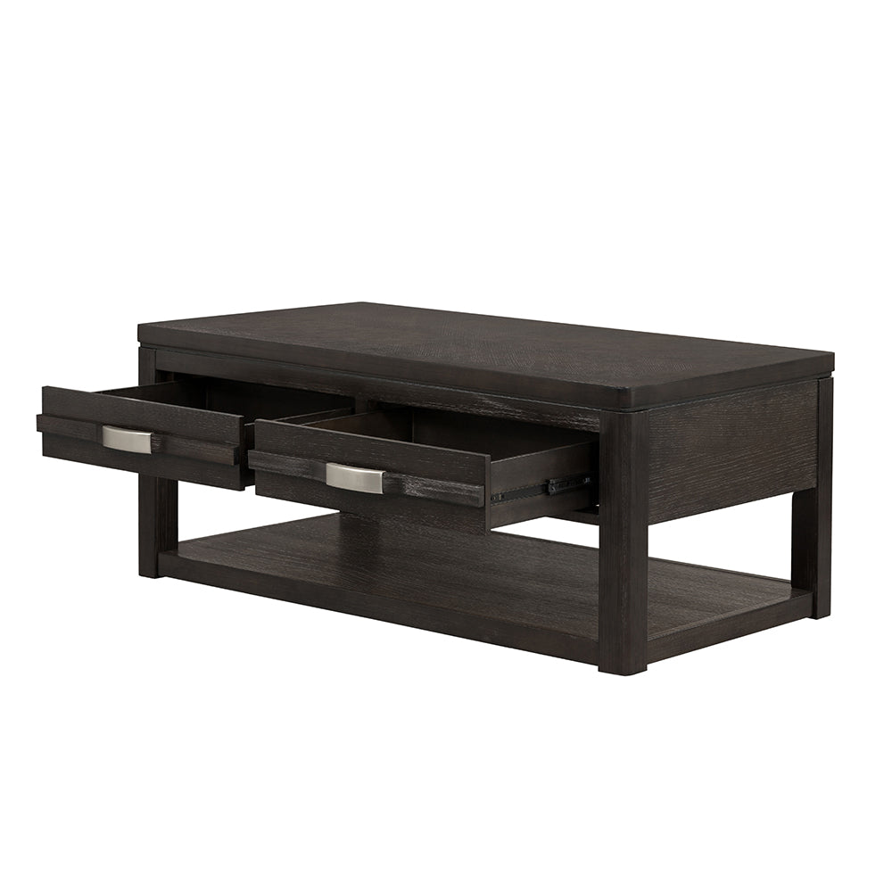 Dark oak coffee table with two open drawers and brushed nickel hardware