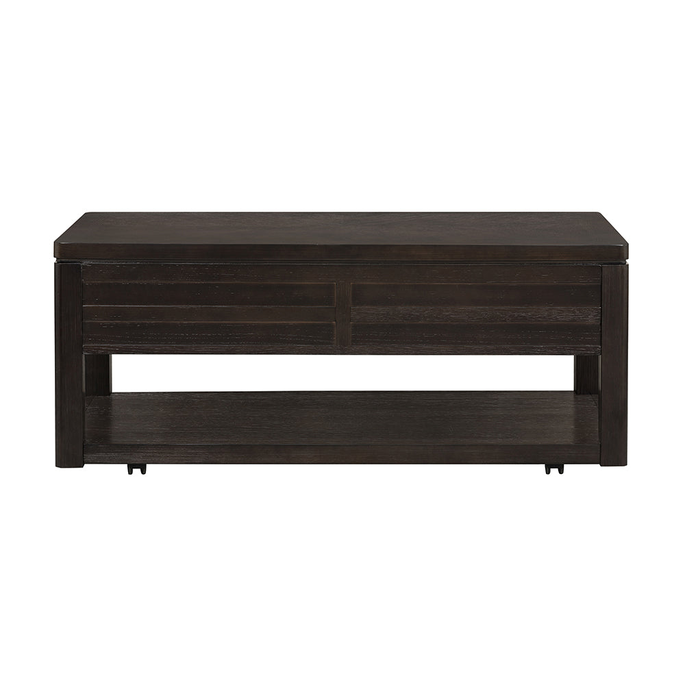 Dark wood lifttop coffee table with slatted front and lower shelf