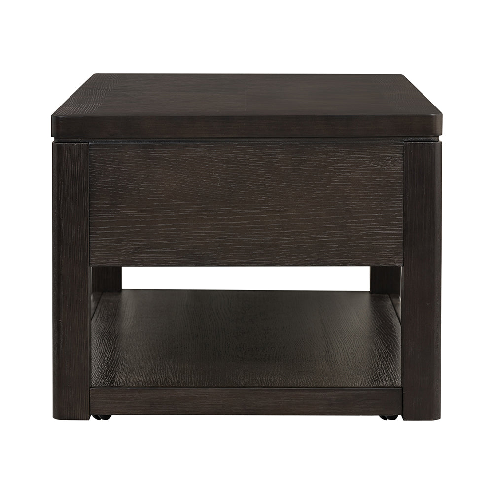 Dark oak wood end table with drawer and open shelf